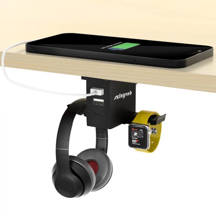 Headset Holder with USB Port Under Desk Headphone Stand - Image 1